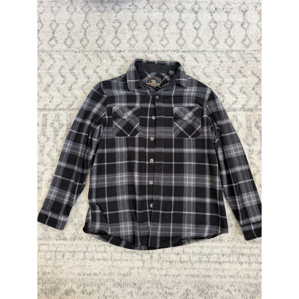 Freedom Foundry Mens L Plaid Fleece Shirt Jacket Black Gray Shacket 1521792
